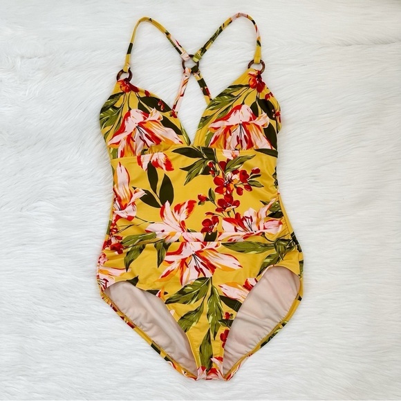 Kona Sol Mustard Yellow Floral High Coverage One Piece Swimsuit, Sz Large - Picture 1 of 11